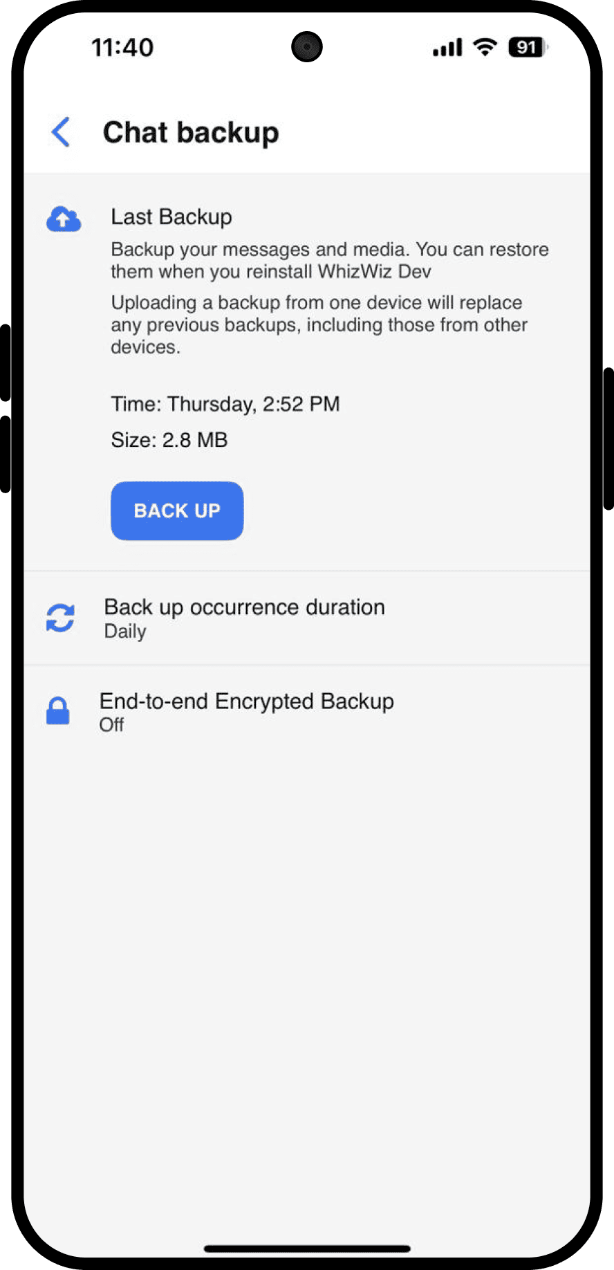 Backup screen