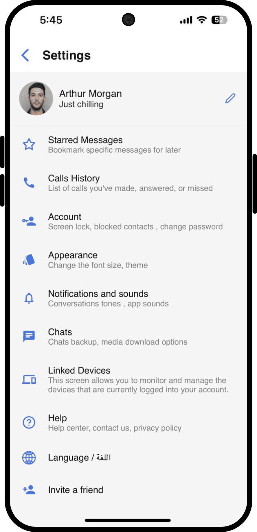 WhizWiz settings screen on mobile